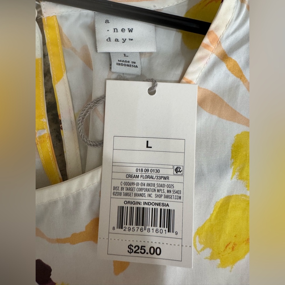 NWT A New Day Yellow White Floral Spring Cotton Puff Sleeve Mini Dress Size L - Picture 5 of 6